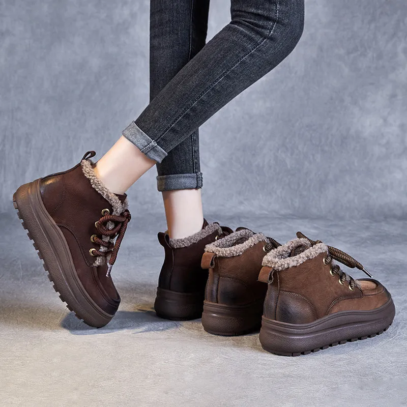 Women Retro Leather Warm Furred Casual Boots