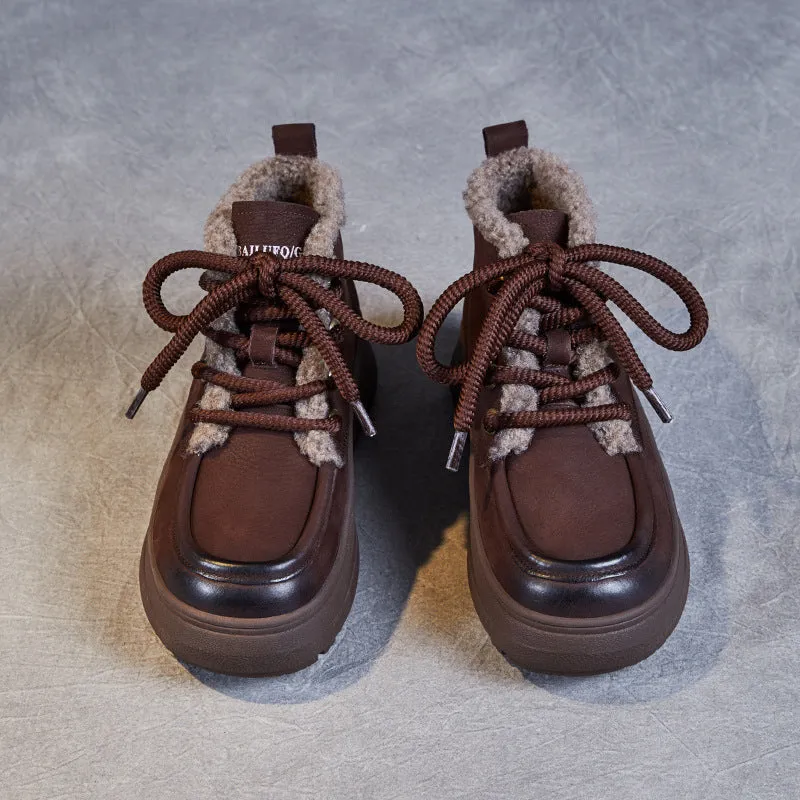 Women Retro Leather Warm Furred Casual Boots