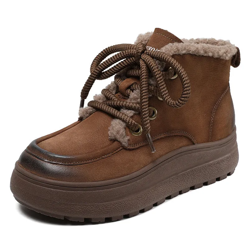Women Retro Leather Warm Furred Casual Boots