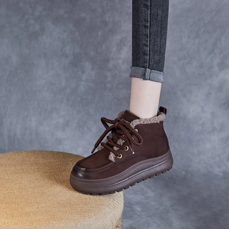 Women Retro Leather Warm Furred Casual Boots